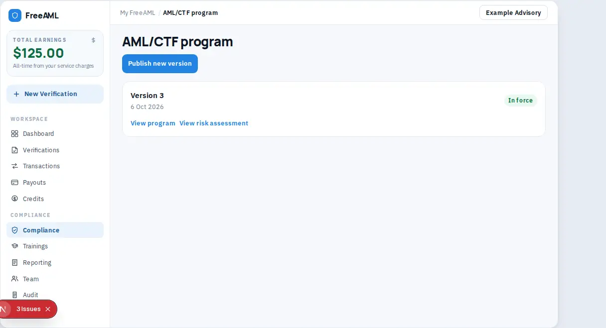 AML/CTF program page with Publish new version and a version marked In force