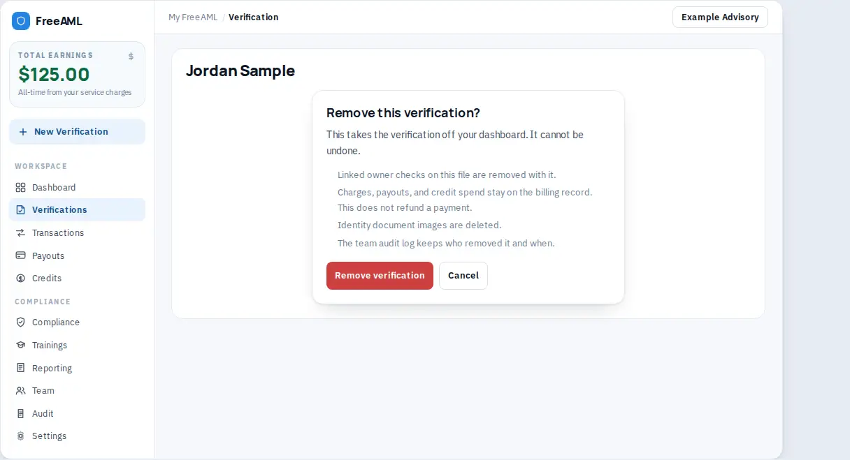 Confirmation dialog titled Remove this verification