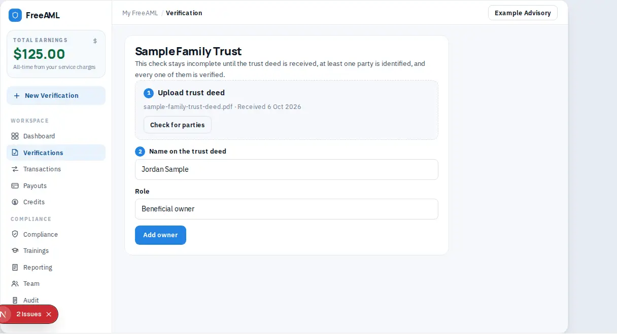 Owners tab with Upload trust deed and a name taken from the deed