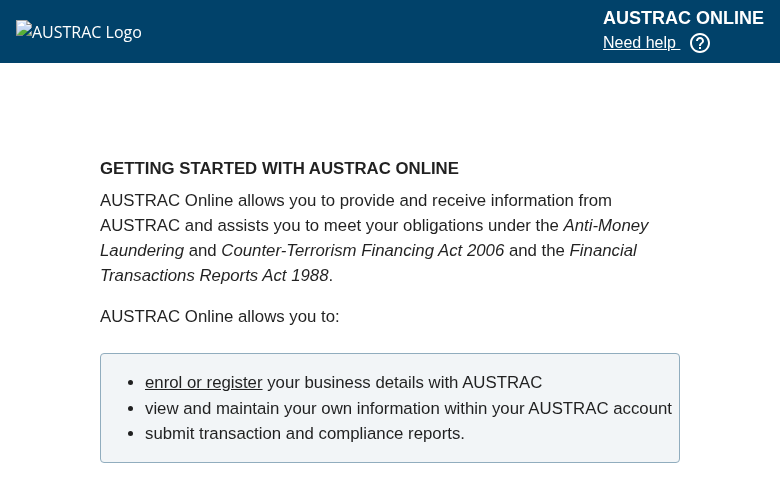 AUSTRAC Online enrollment portal homepage